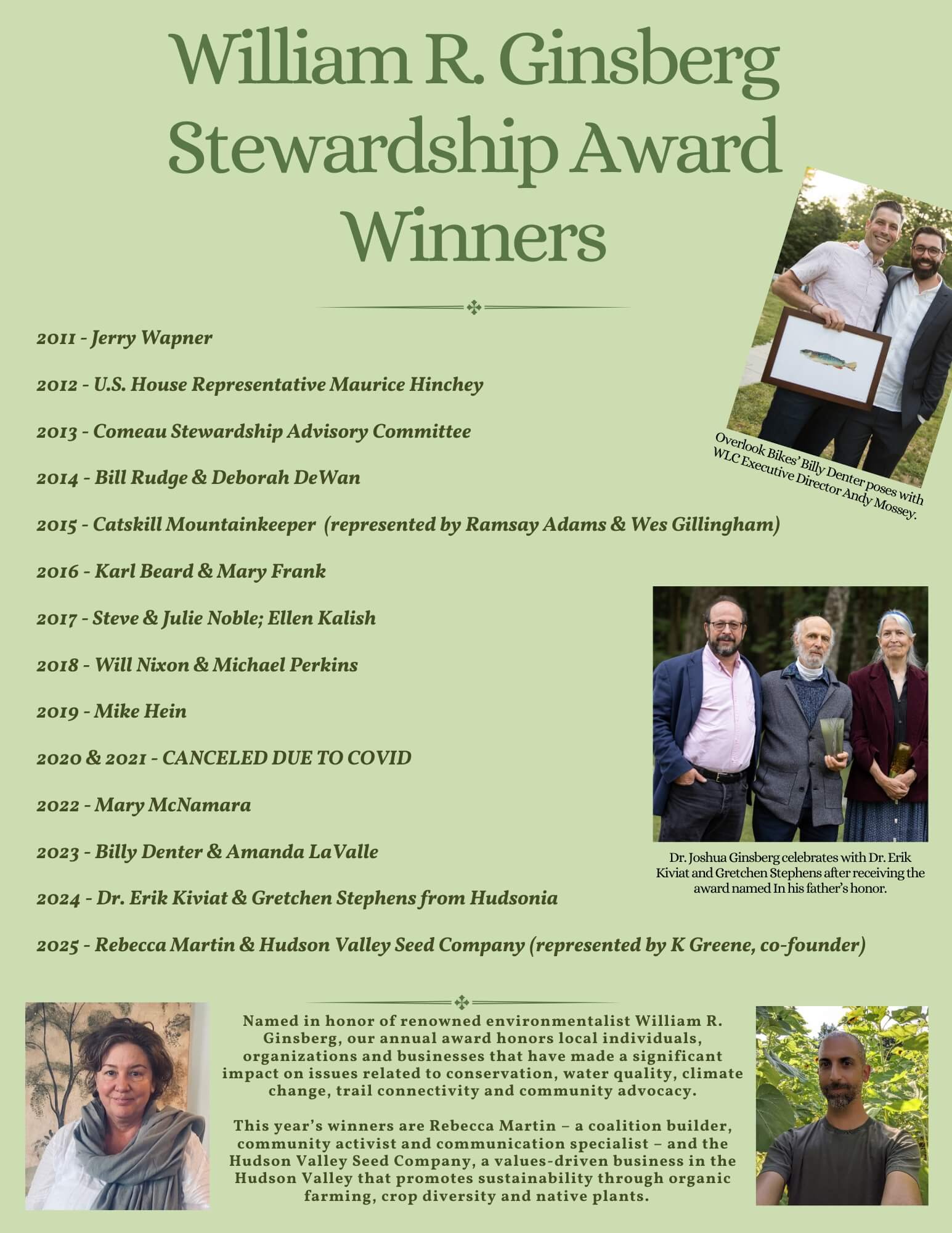 Honoring Hudson Valley Seed Company and longtime local advocate: Co-Founders K Greene and Doug Muller join Rebecca Martin as Stewardship Award winners